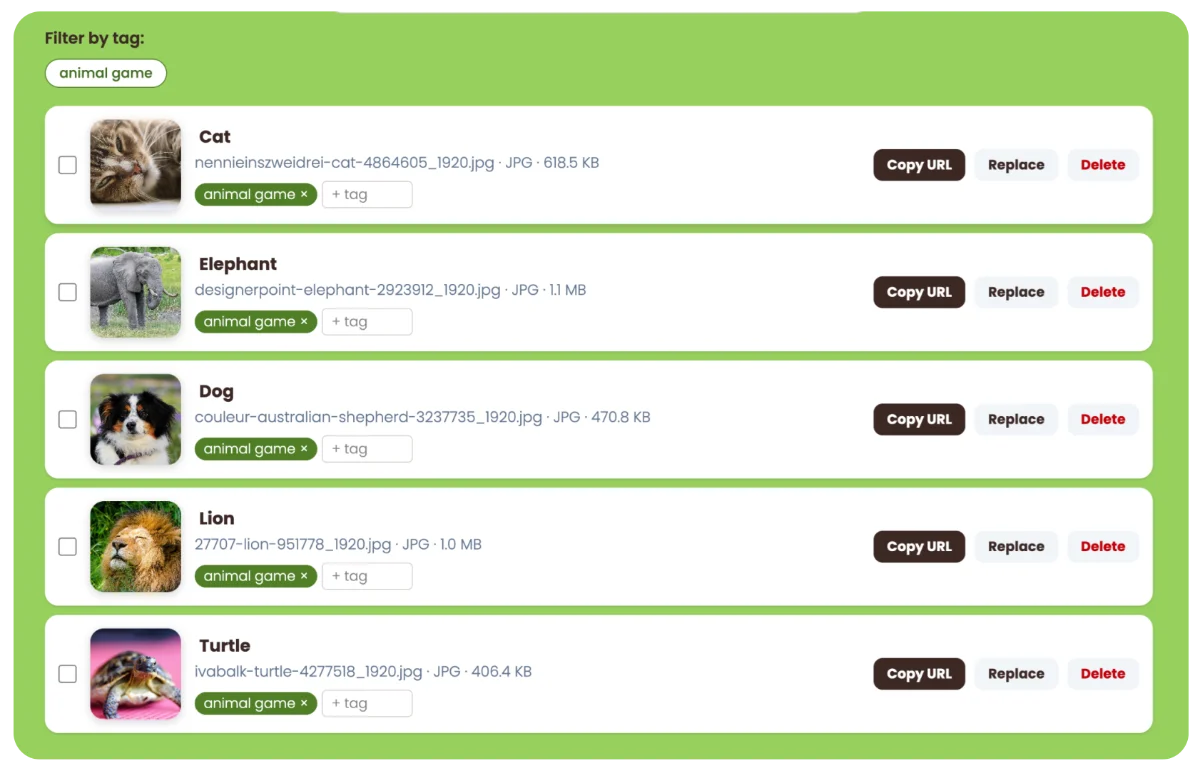 Screenshot of animal pictures in File Locker