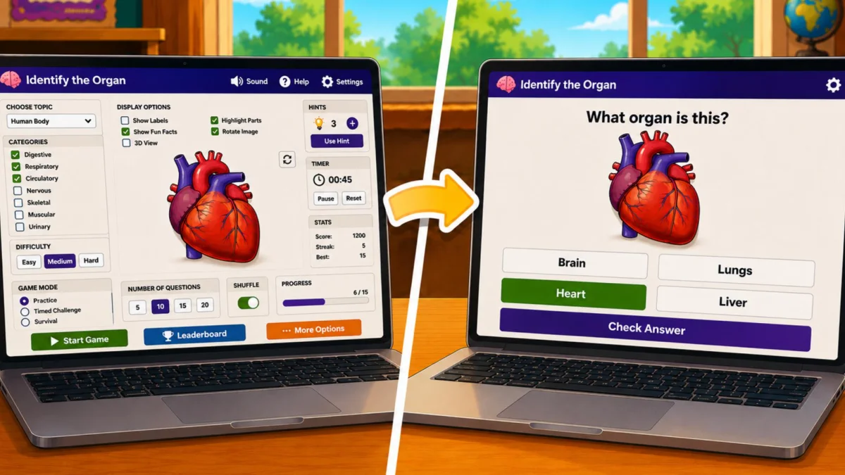 Two laptops showing an educational app before and after simplification, with a feature-heavy settings dashboard on the left and a clean multiple-choice interface on the right.