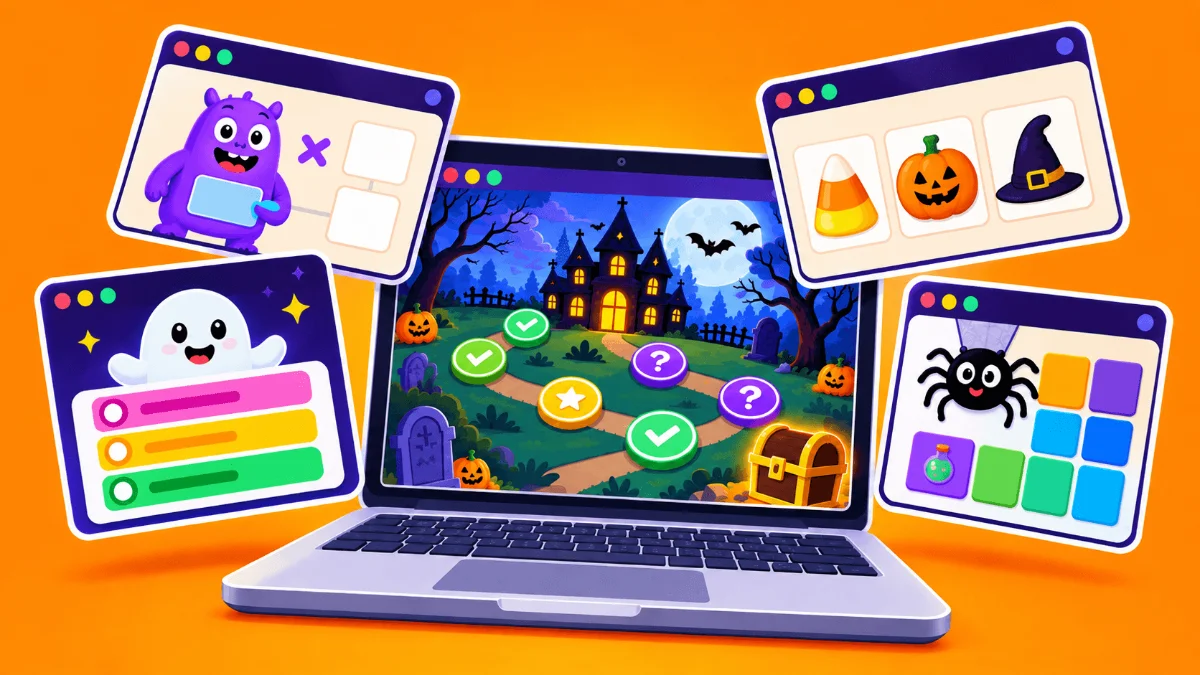 Illustration of a computer with various Halloween themed apps