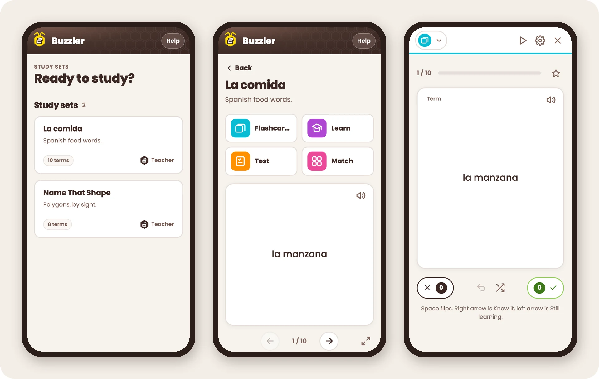 Three phone screens of Buzzler: the study sets home page, the La comida set with Flashcards, Learn, Test and Match buttons, and a flashcard showing la manzana