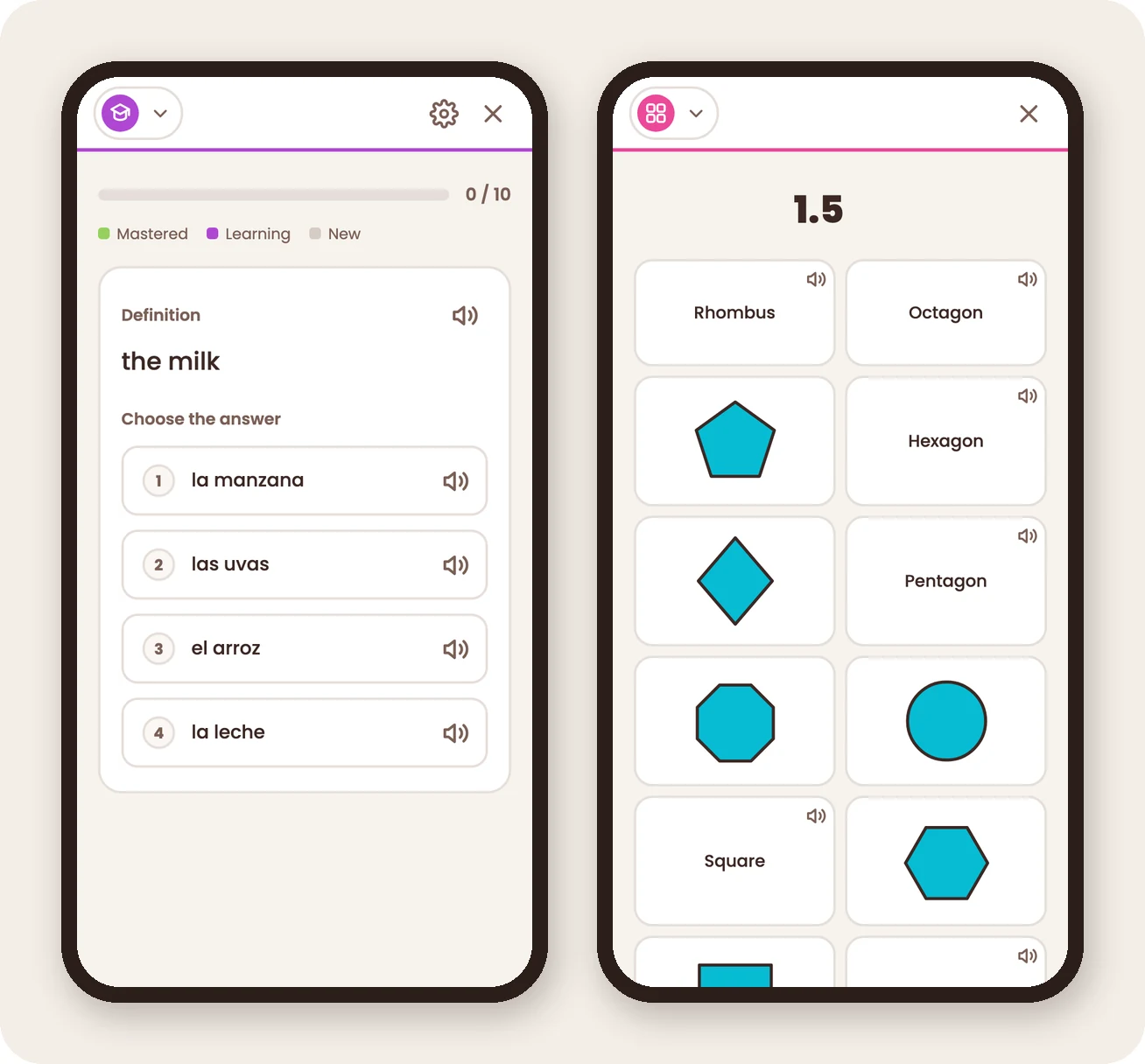 Two phone screens of Buzzler: a Learn question with four answer choices and speaker buttons, and a Match game of shape pictures and shape names