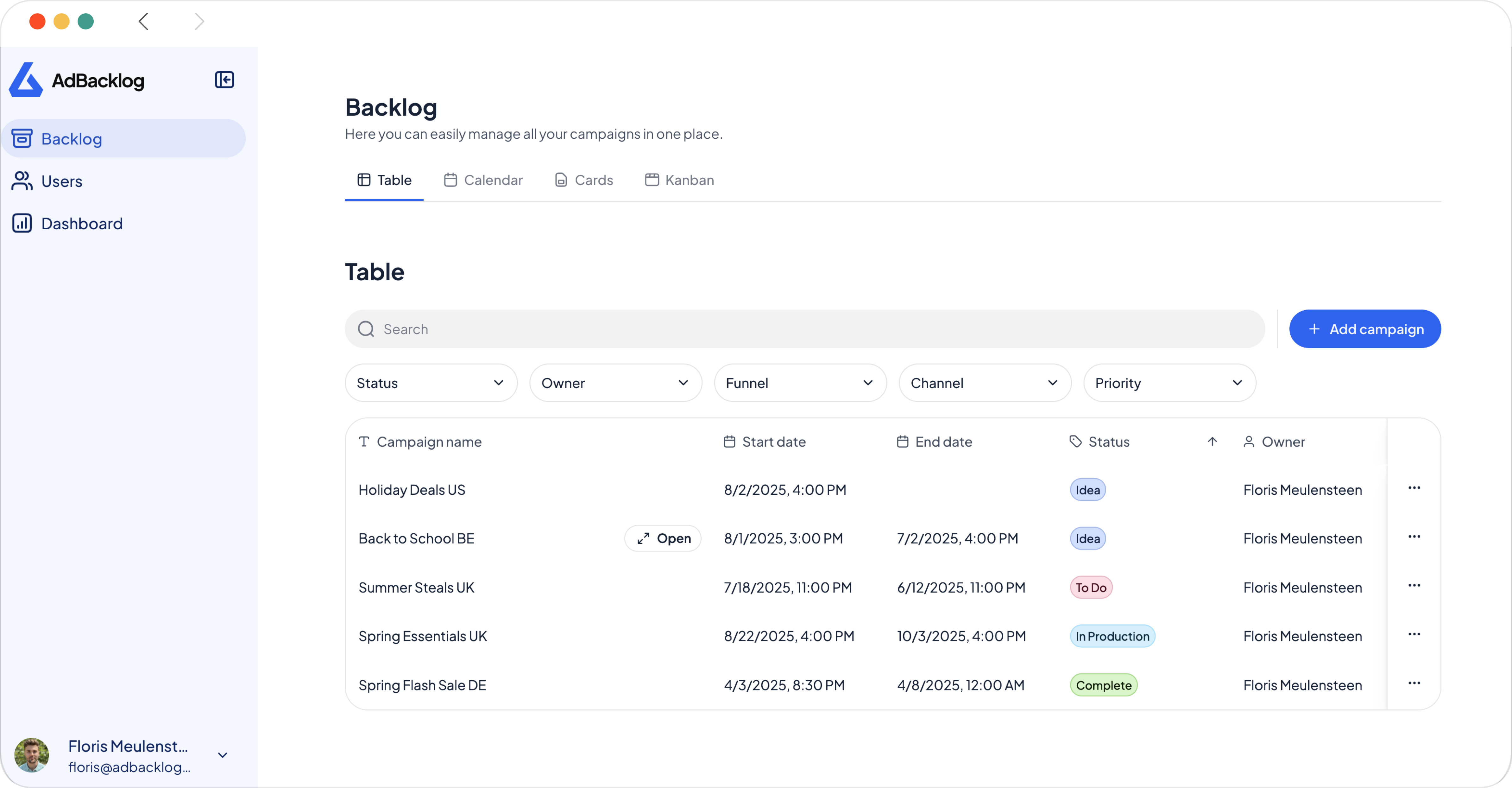 AdBacklog - Main product screenshot