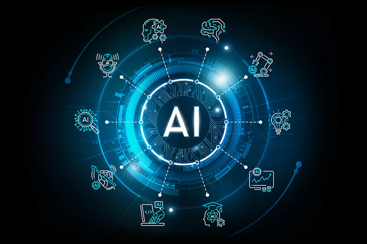 Futuristic digital interface featuring AI at the center, surrounded by icons representing various AI technologies and workflows, set against a dark, tech-themed background.