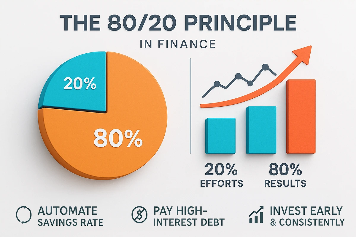 80/20 finance infographic showing the few money moves that create most wealth-building results