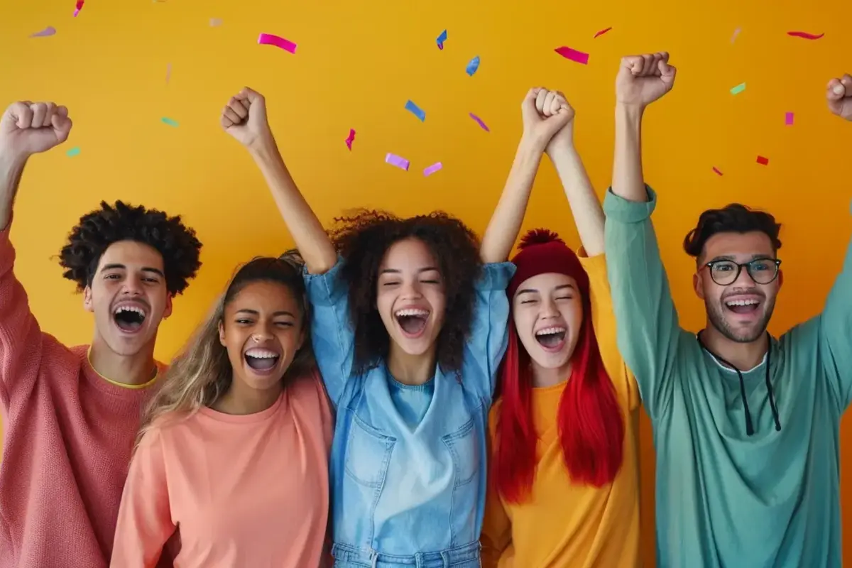 Joyful diverse group celebrating with arms raised.