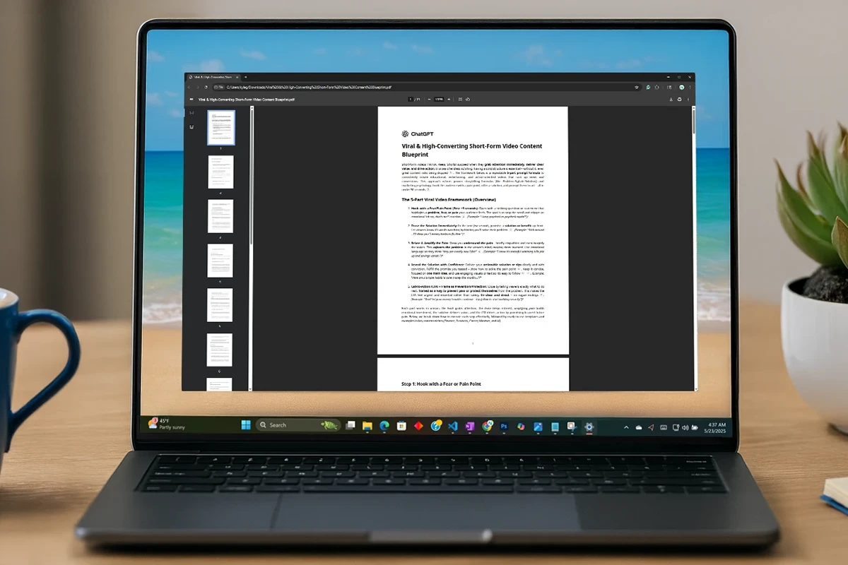 A laptop displaying a PDF document with several pages open in a web browser, placed on a wooden table near a blue mug and a potted plant.