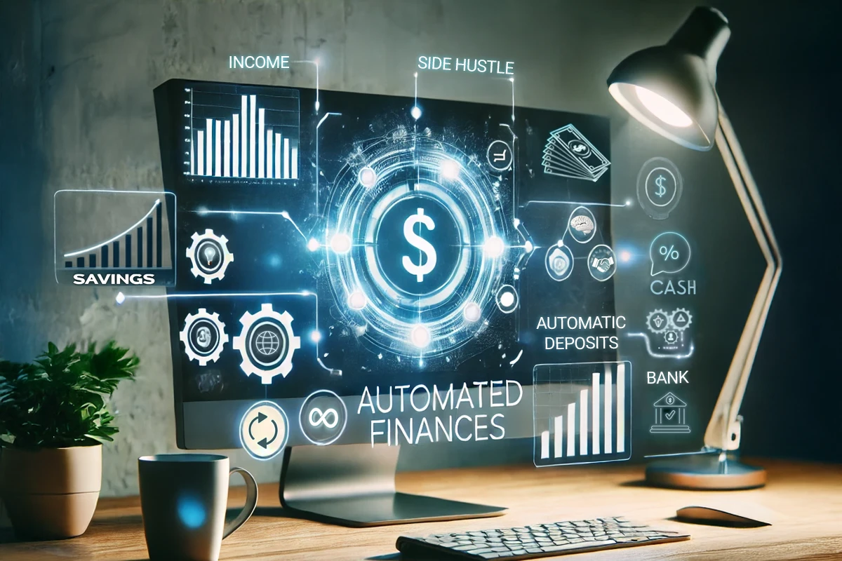 A futuristic computer workspace with holographic financial icons displaying savings, income, side hustle, automated deposits, cash, and bank concepts, highlighted by a central dollar symbol.