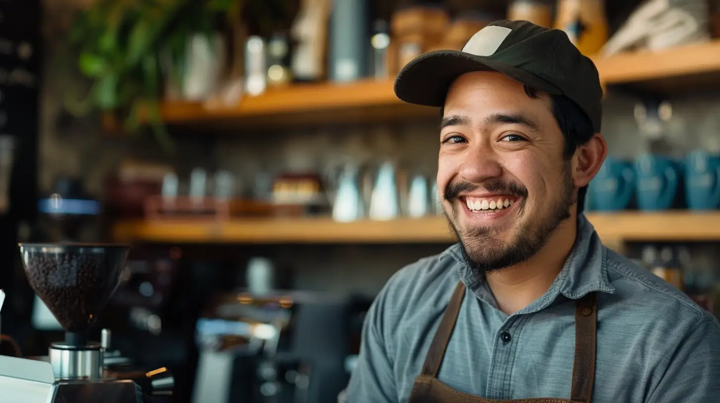 Smiling barista in cafe with espresso machines.
