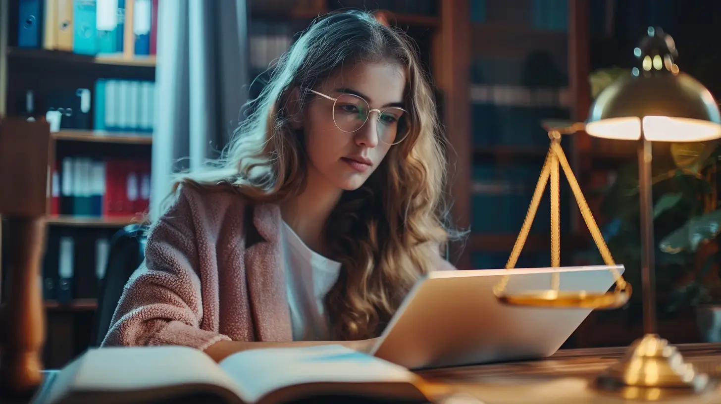 Woman studying late at night with books and laptop.