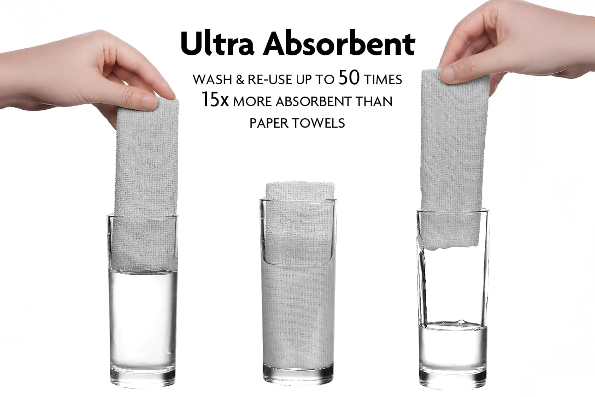 Ultra absorbent towels in water glasses demonstration.