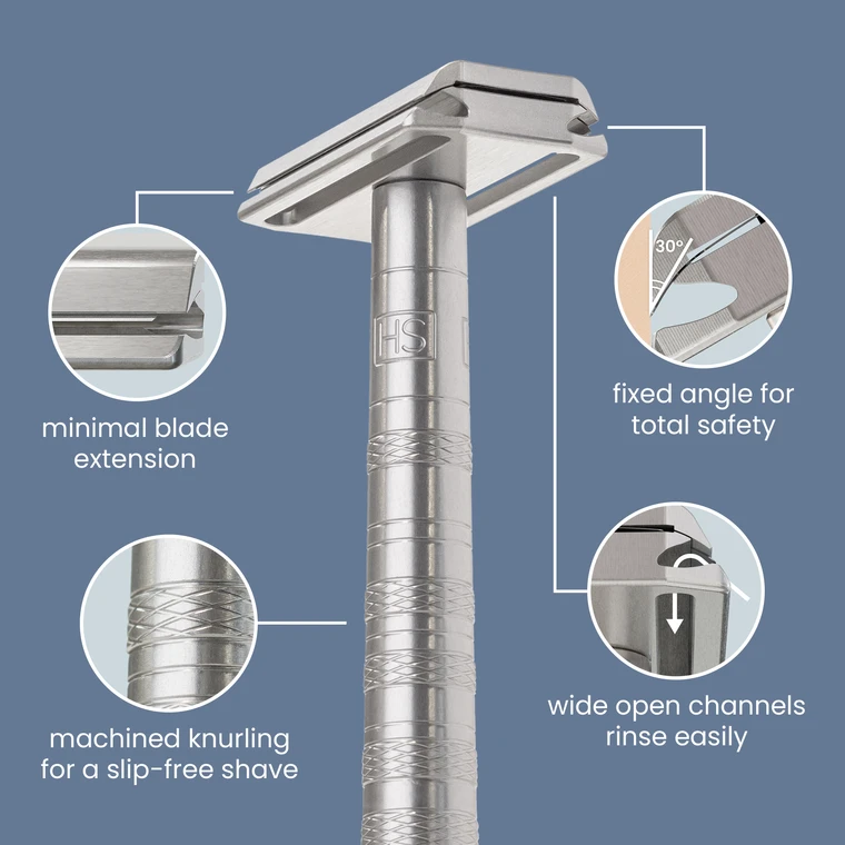 Henson safety razor with detailed blade features and handle design.
