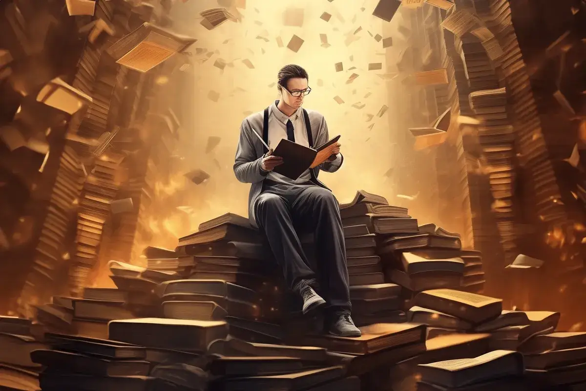 Man reading amidst swirling books and dynamic lighting.