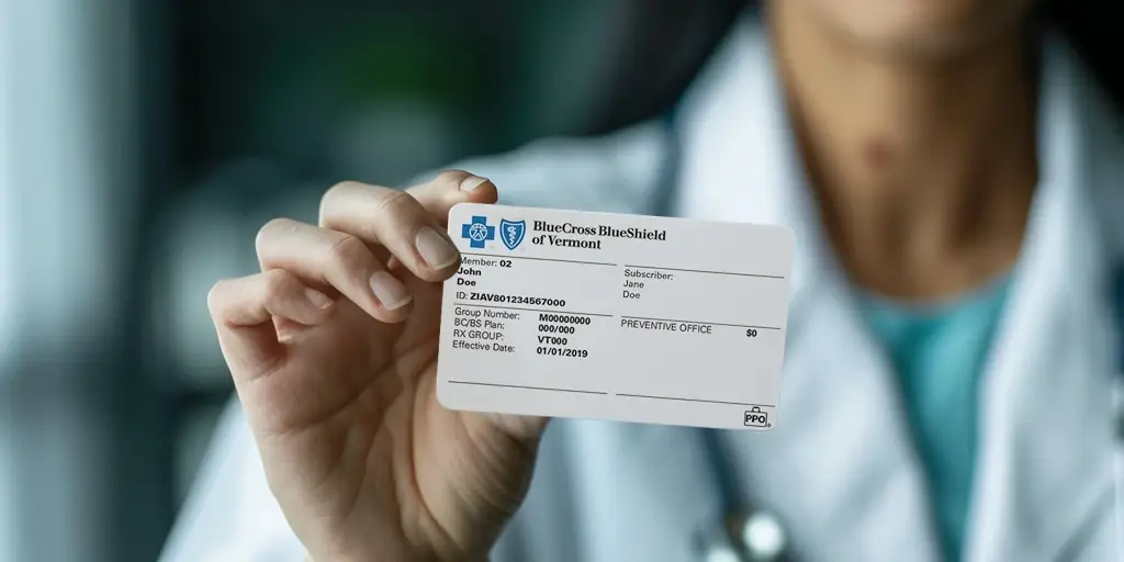 A medical professional holds a BlueCross BlueShield of Vermont insurance card displaying details such as the member's name, ID, group number, and effective date, with a stethoscope visible in the background.