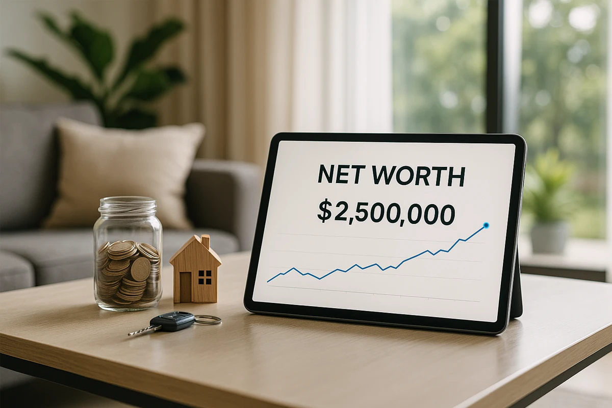 Tablet displaying "Net Worth $2,500,000" with a rising graph on a table, next to a jar of coins, a small wooden house, and car keys, with a sofa and window in the background.