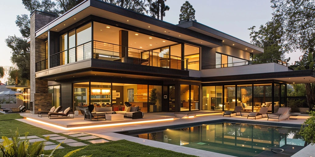 Luxurious modern house with pool in late afternoon.