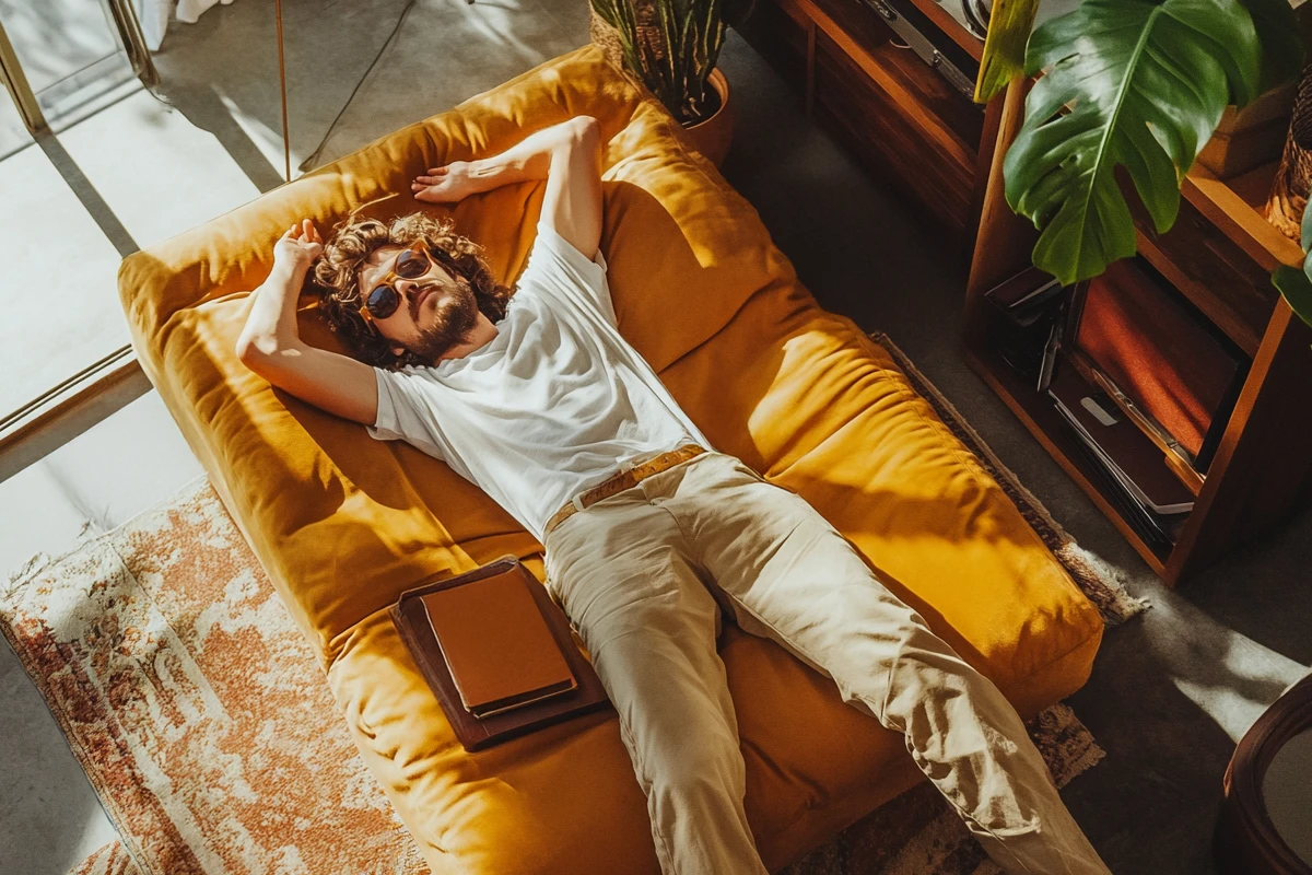 Man relaxing on yellow sofa with book and plants
