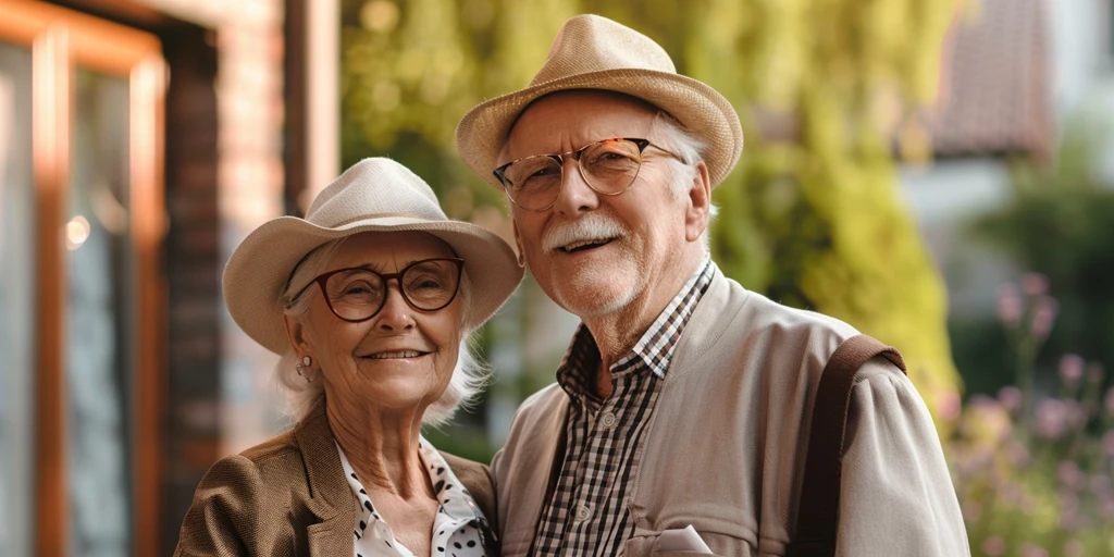 A smiling older couple stands outdoors together, representing the importance of planning ahead for long-term care needs in retirement.
