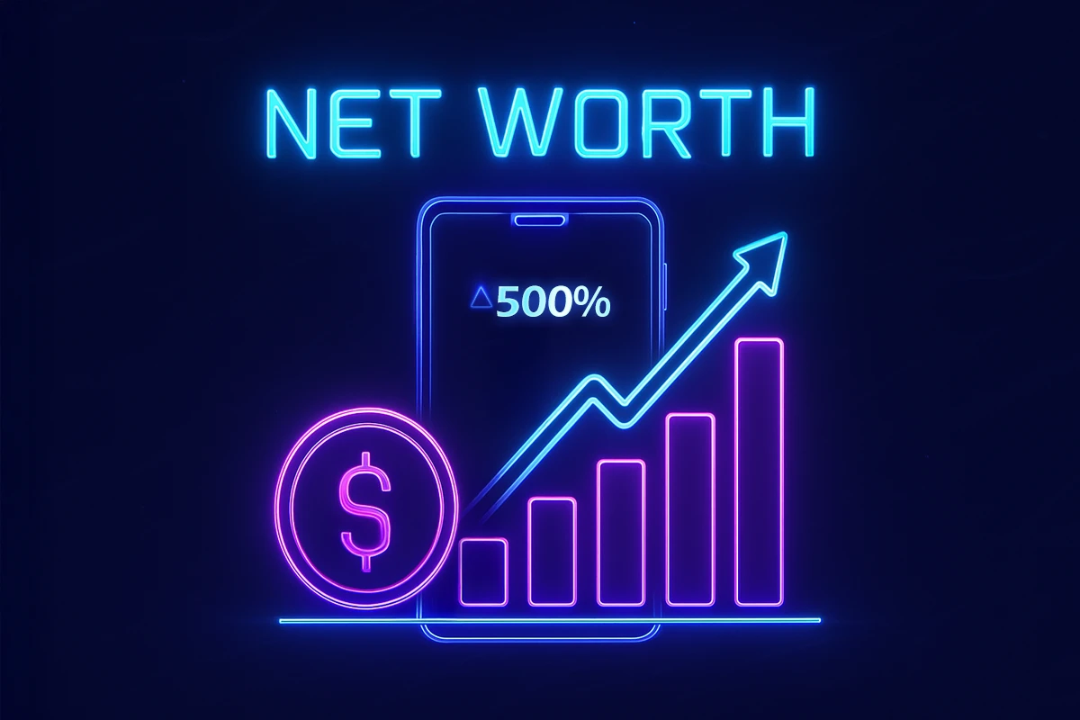 Neon sign depicting the concept of net worth tracking, featuring a phone with the text "500%" and symbols of a dollar coin and an upward trending graph.