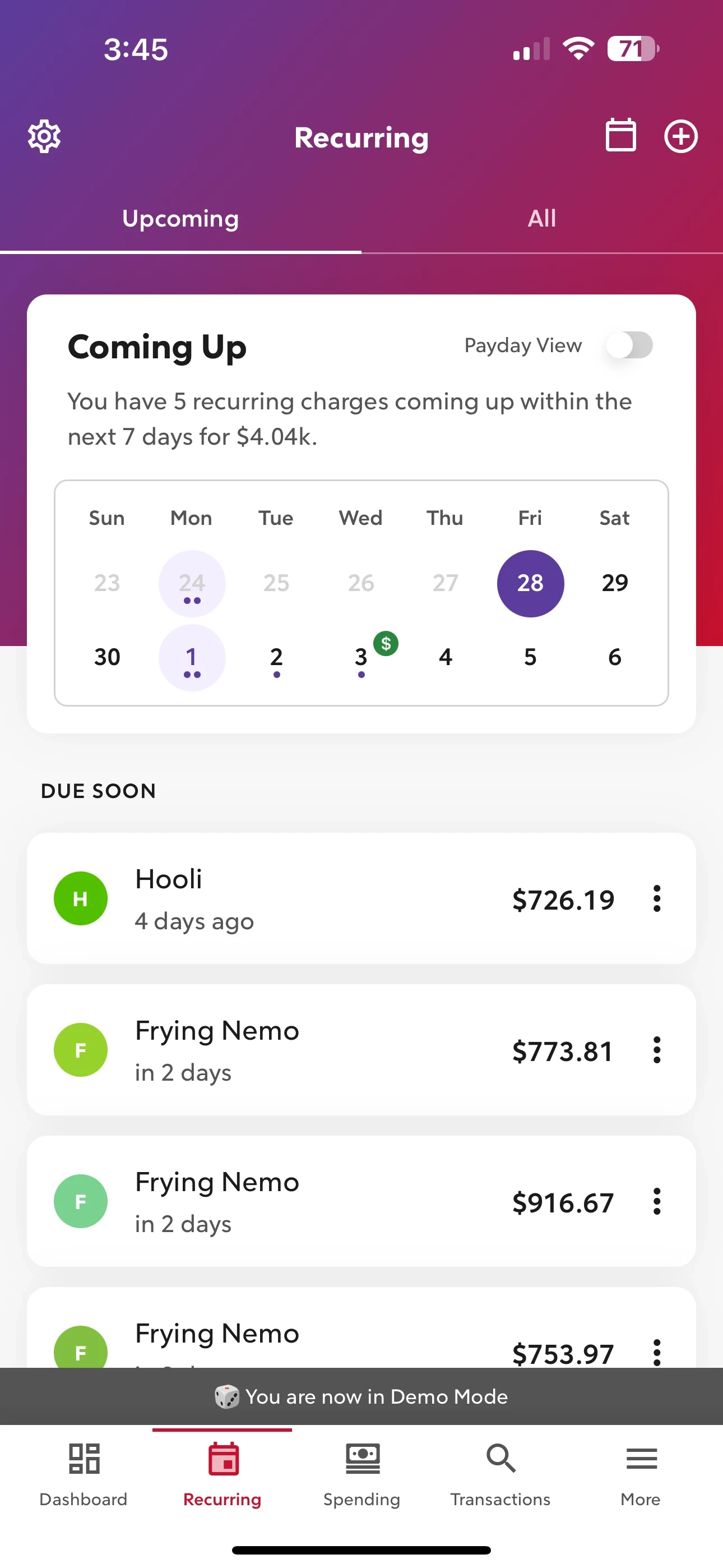 Rocket Money's Recurring screen showing a calendar of upcoming subscription charges and a list of services with due dates and amounts.