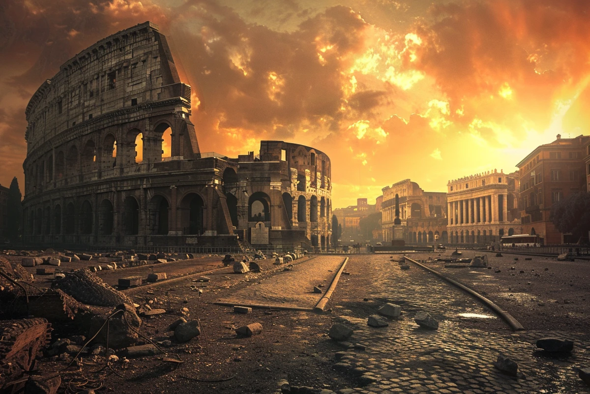 Sunset over ancient Roman Colosseum amidst ruins.