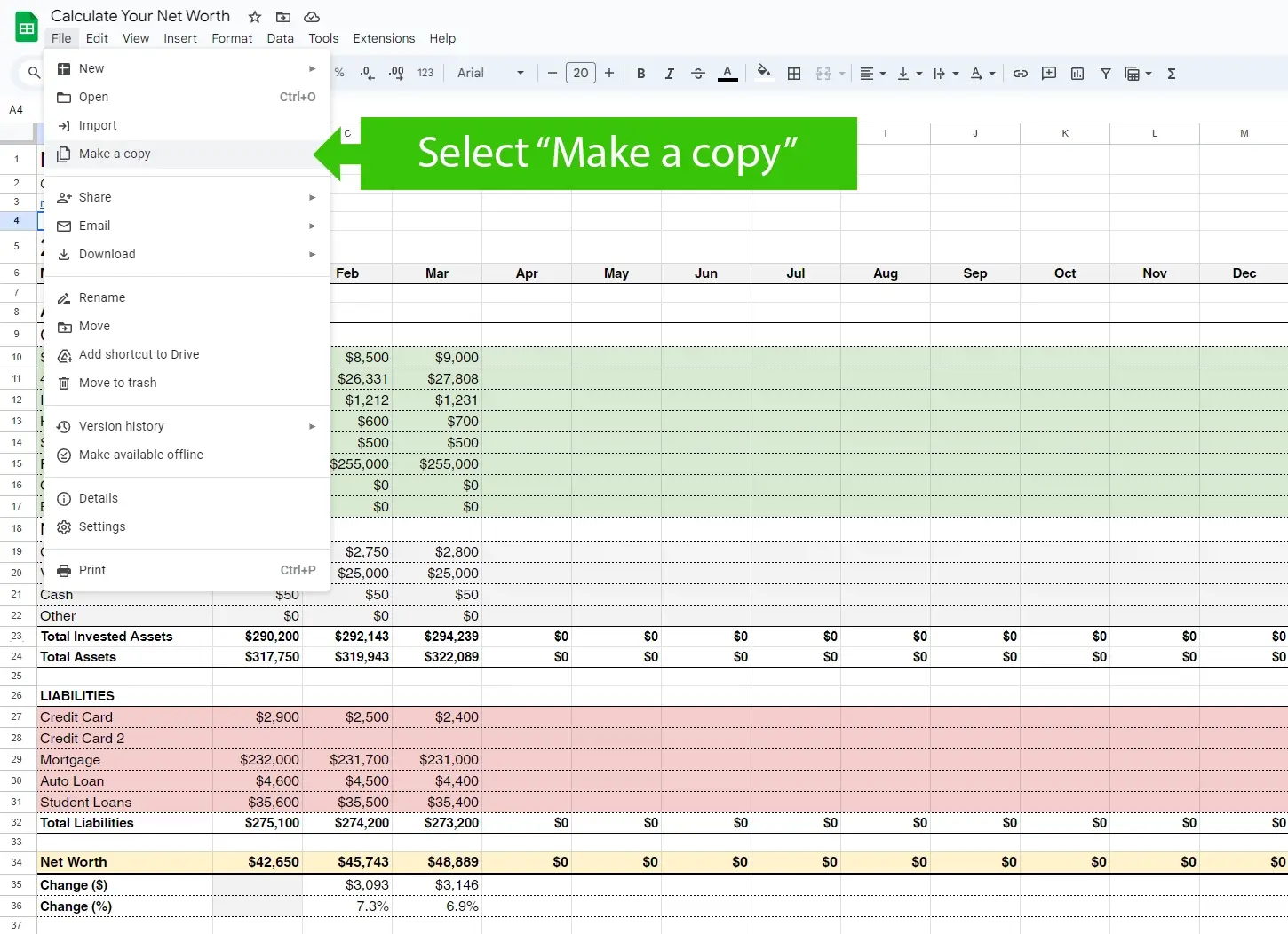 Spreadsheet tracking monthly net worth and liabilities.