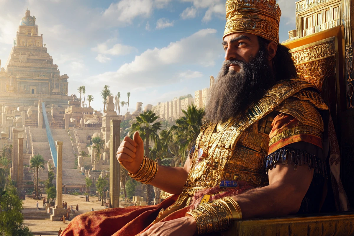 A regal man with a luxurious beard, adorned in ornate gold attire, sits confidently amidst an ancient cityscape with grand architecture and towering lush palm trees.