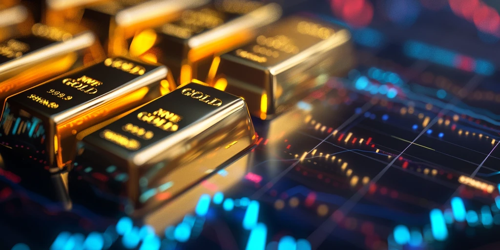 Stacked gold bars with "999.9" purity markings are set against a background of digital financial charts featuring colorful graphs and data.