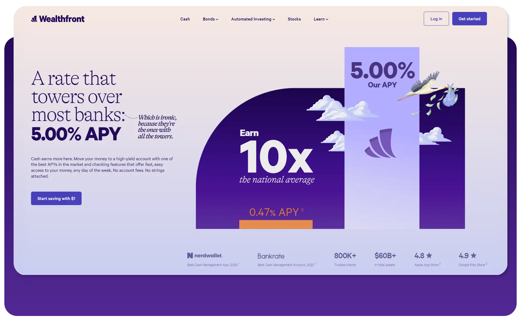 Wealthfront website promoting 5% APY savings offer.
