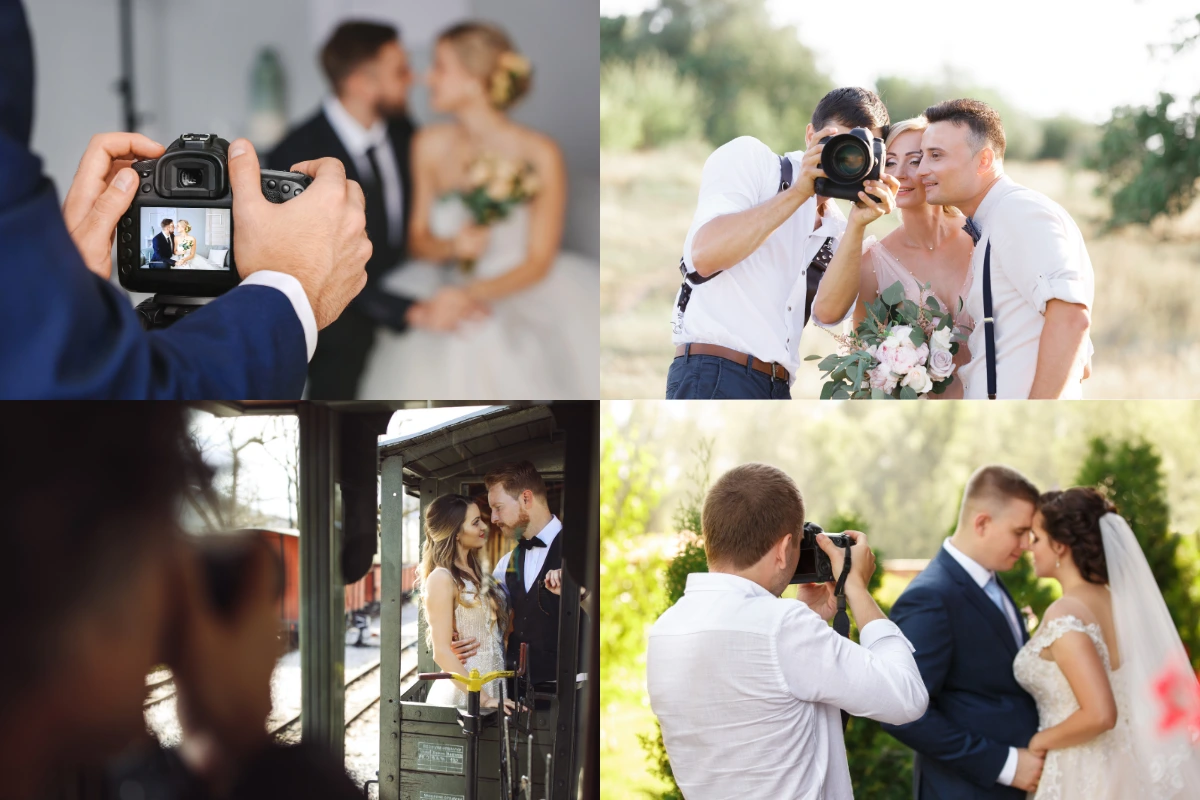 Wedding photographers capturing various romantic couple moments