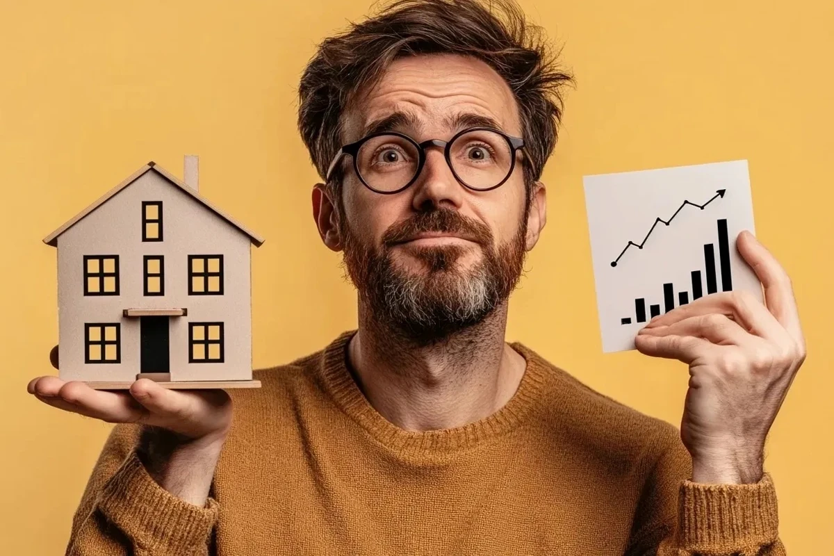 A man with glasses wearing a brown sweater holds a miniature house model in one hand and a paper with a line graph in the other, set against a solid yellow background.