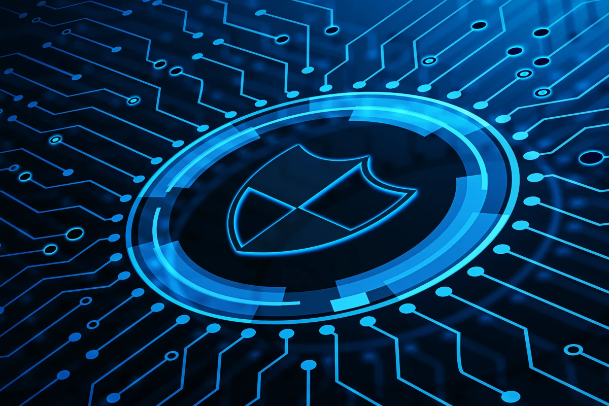 Digital security shield on blue circuit board