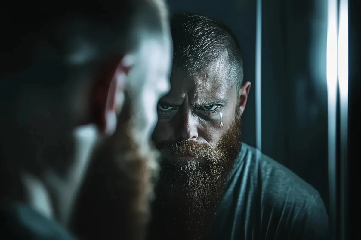 Bearded man with a serious expression staring at his reflection in a mirror, conveying a sense of introspection or struggle.