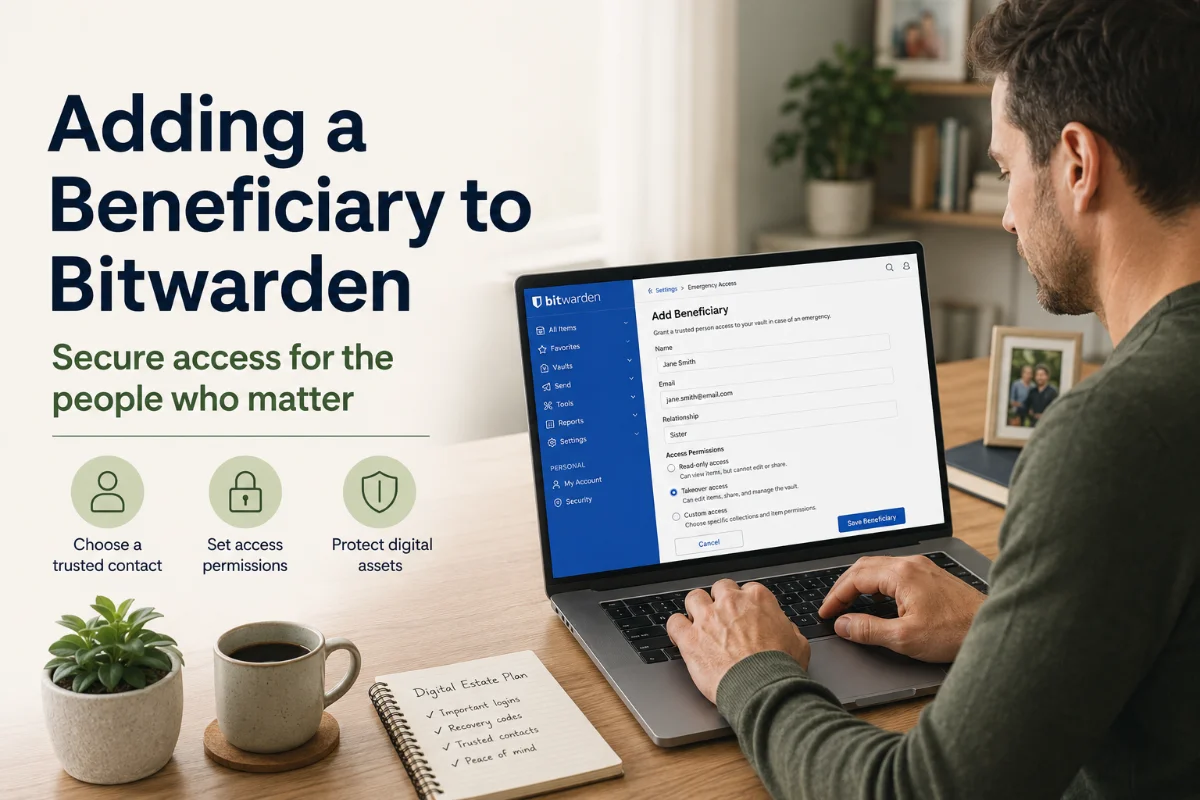 A person adding a beneficiary to their Bitwarden account on a laptop. The scene includes a plant and notes on a wooden table.