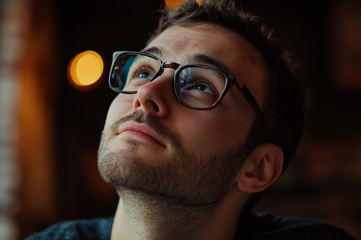 Man looking up thoughtfully, wearing glasses.