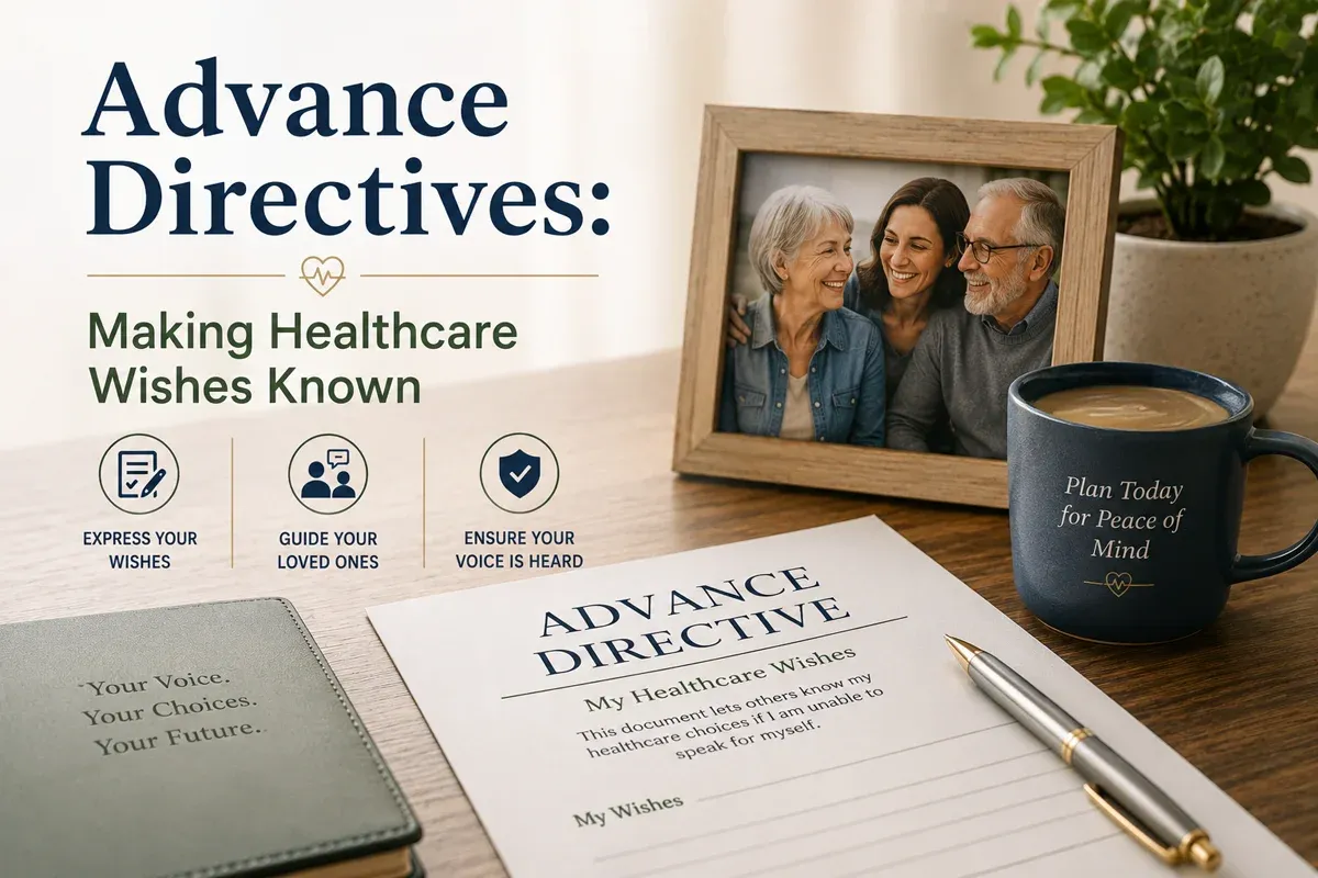 An informational layout about advance directives, featuring a document, a mug, and a family photo that emphasizes healthcare wishes and communication.
