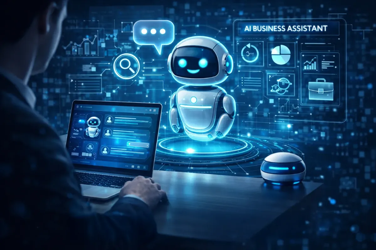 A user interacts with a virtual AI business assistant displayed on a laptop, accompanied by holographic data visuals and icons.