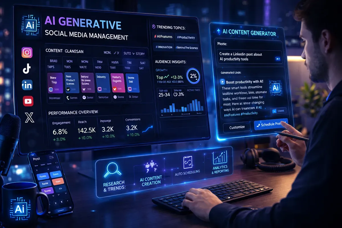 A digital dashboard showcasing AI-generated insights for social media management, highlighting performance metrics and audience engagement statistics.