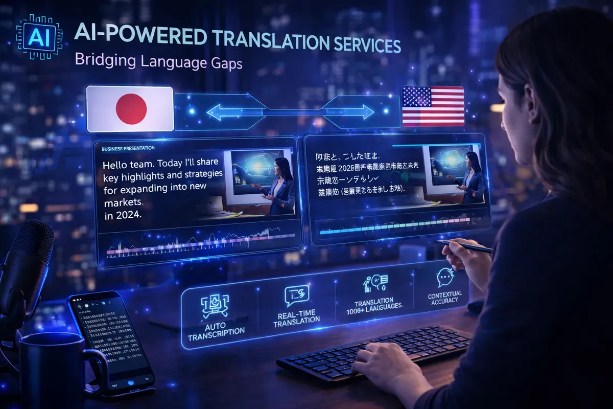 A person using a computer to access AI-powered translation services, showcasing text and graphics related to language bridging and technology.