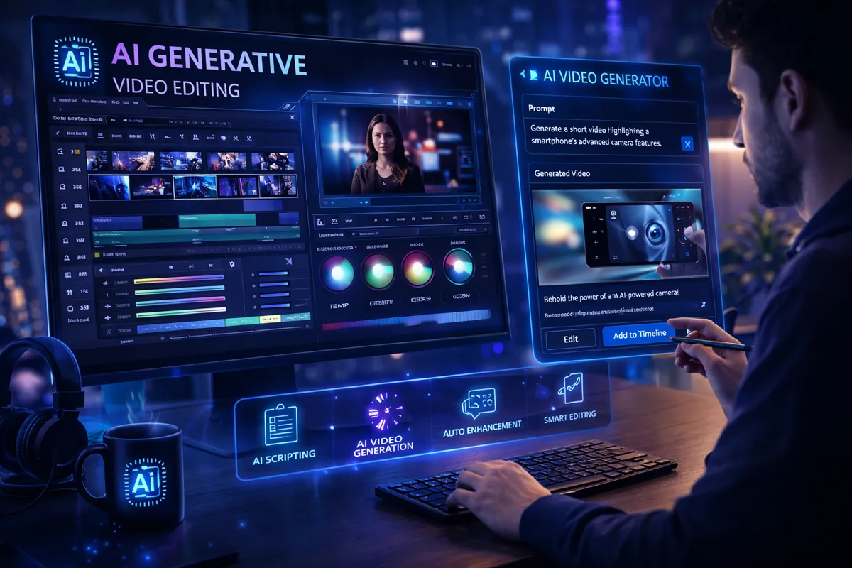 A person interacting with a laptop and smartphone showing video analytics, alongside a friendly robot avatar. The background features digital icons related to video creation and analysis.