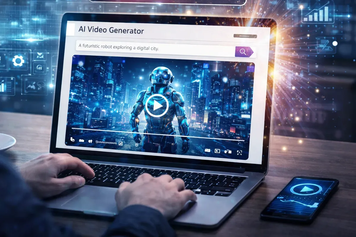 A laptop displaying an AI video generator with a futuristic robot in a digital city. A smartphone is also visible on the desk.