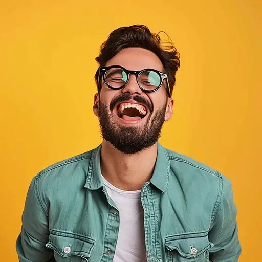 Man wearing glasses laughing in front of yellow background