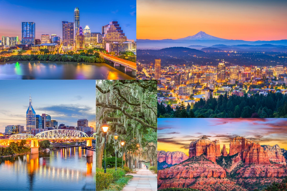 Collage of cityscapes, mountain sunset, bridge, forest path