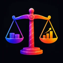 Colorful balance scale comparing stacked coins with a rising bar chart, representing net worth.