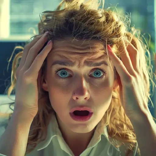Stressed woman holding head in office setting.