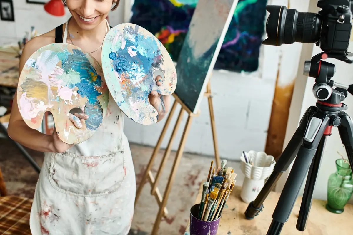 A person holding colorful paint palettes while smiling, surrounded by painting tools and a camera on a tripod in a creative studio setting.