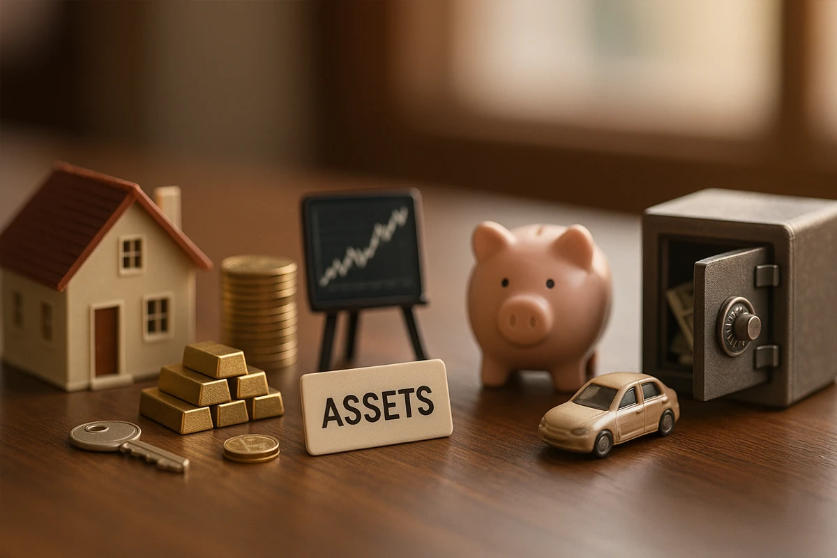 Miniature models on a table, including a house, gold bars, a piggy bank, a stack of coins, a chart, a car, a safe, and a sign reading "Assets".