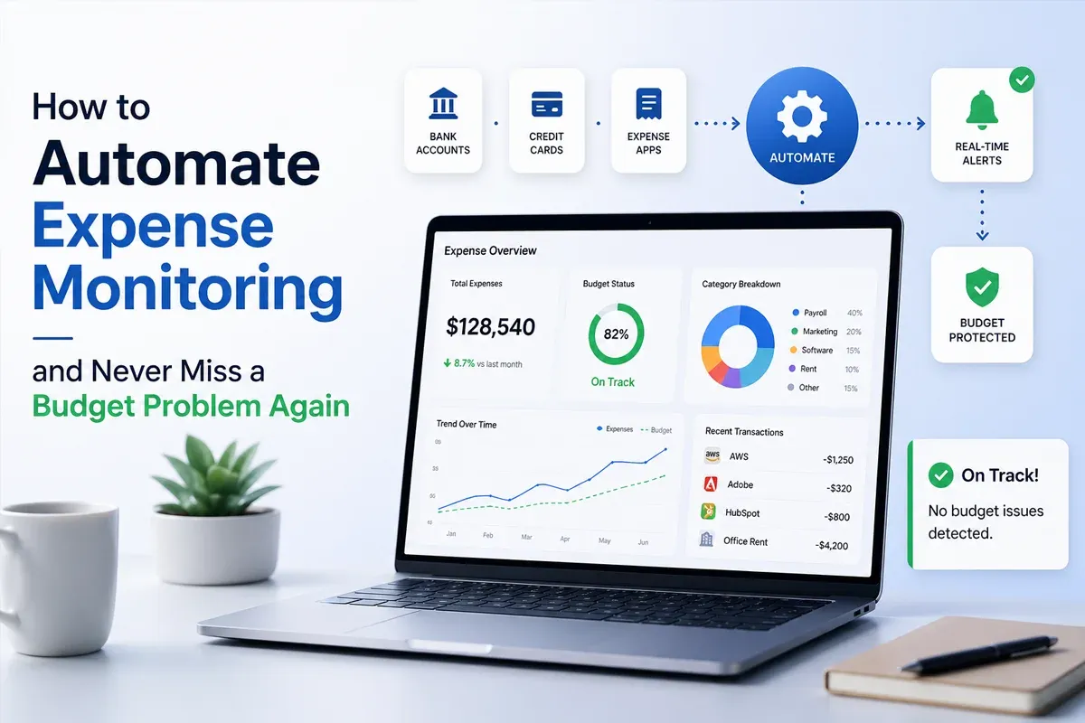 A laptop displaying an expense overview dashboard with financial data, alerts, and budget tracking features.