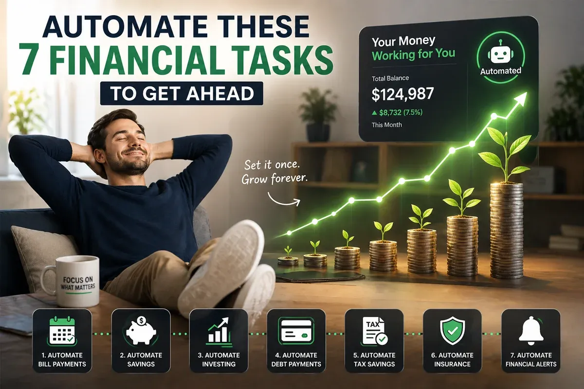 Automation guide showing bill payments, savings, investing, debt payments, insurance, and financial alerts