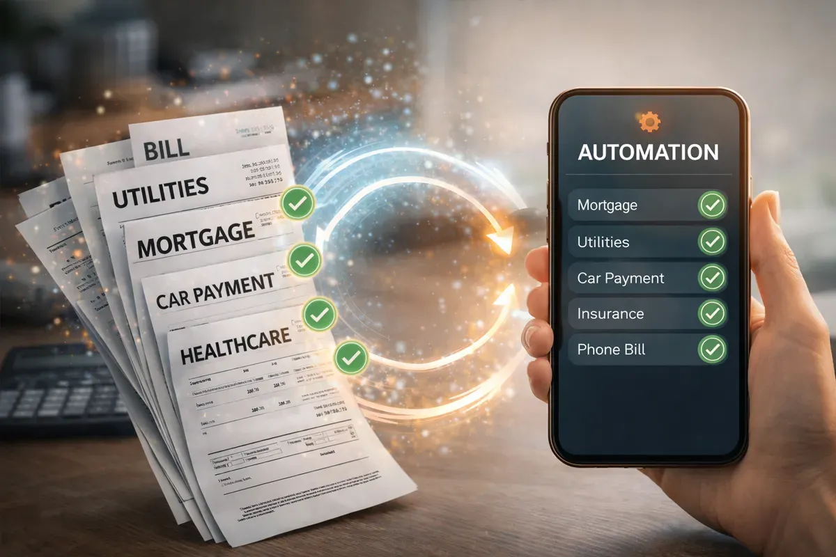 A hand holding a smartphone displaying an automation app for bill payments, with various bills stacked in the background, including utilities and mortgage.