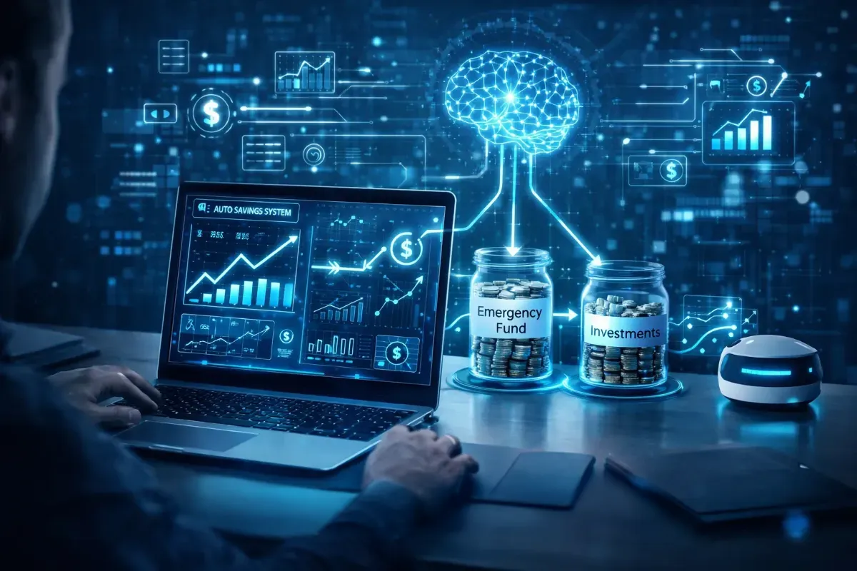 A person using a laptop with digital financial graphs on the screen, alongside jars labeled 'Emergency Fund' and 'Investments' in a high-tech environment.